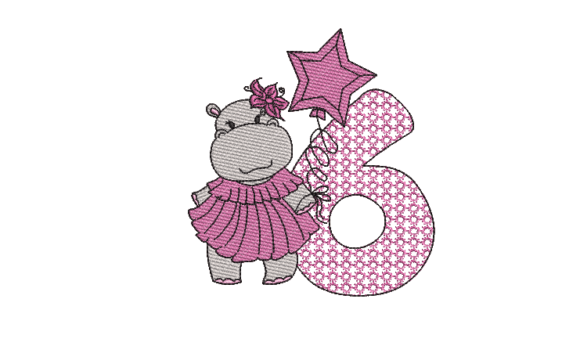 Number 6 Cute Hippo: A Charming Embroidery for Kids' Apparel